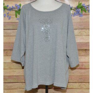 Quacker Factory Women's Gray Thin Knit Top 2X Studded Hearts Warm Casual Cotton